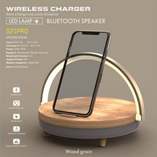 Wireless Speaker, Charger, and Lamp in One! S21 Pro Bluetooth Speaker Wood with Wireless Chargers and LED Lamp